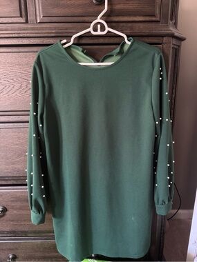 SHEIN Dark Green Long Sleeve Shift Dress with Pearl Sleeves